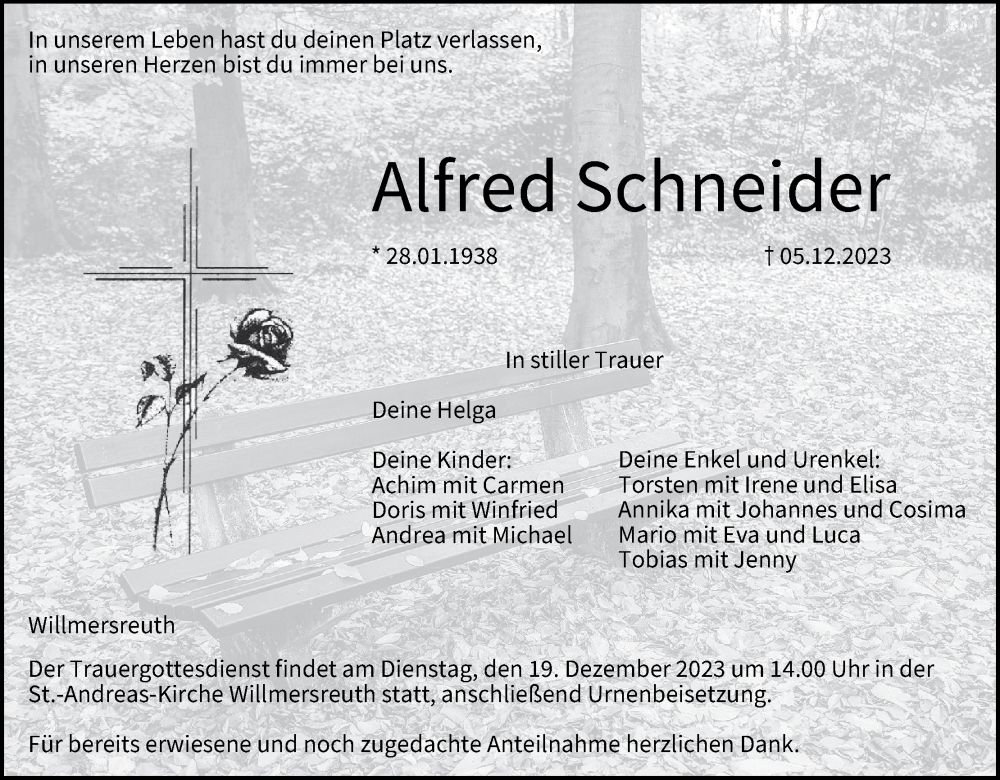  Traueranzeige für Alfred Schneider vom 16.12.2023 aus MGO