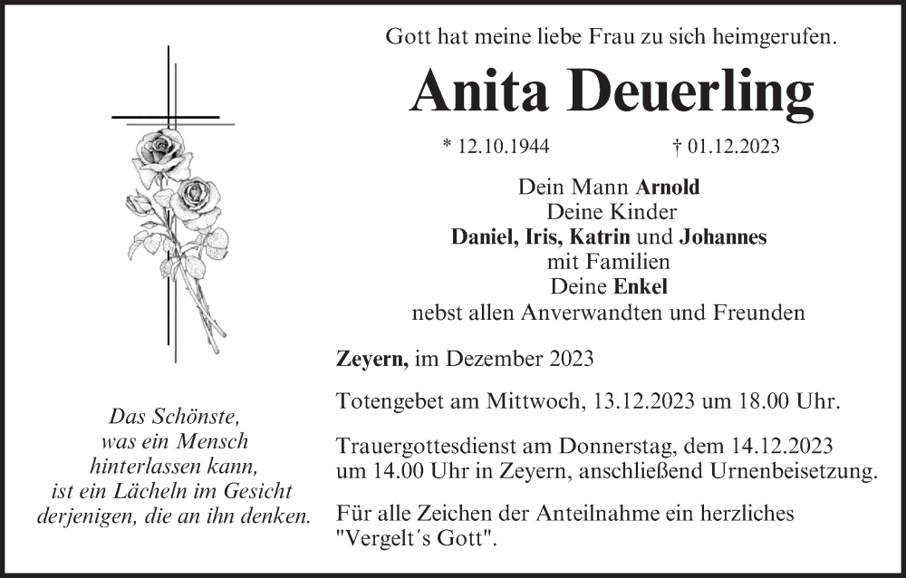  Traueranzeige für Anita Deuerling vom 09.12.2023 aus MGO