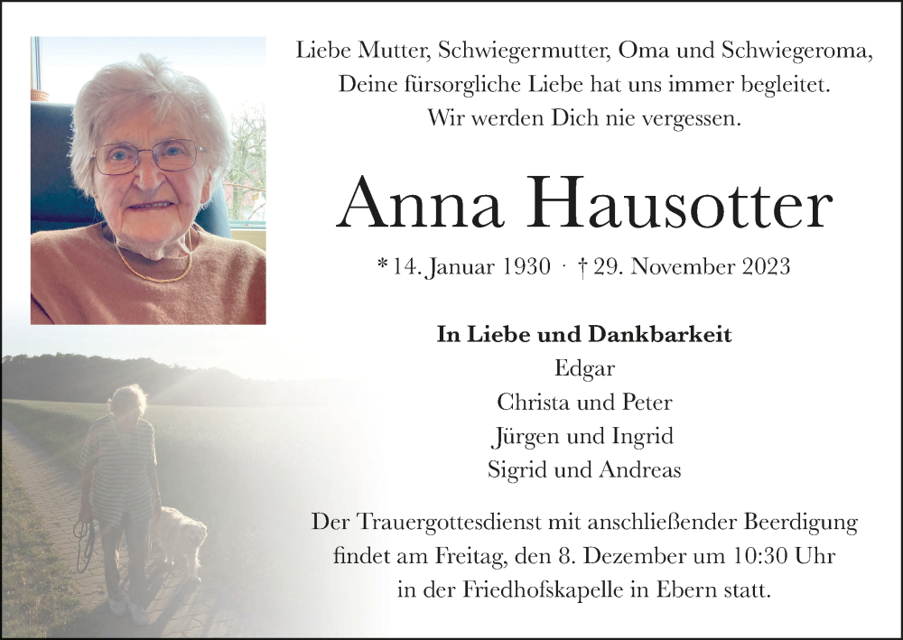  Traueranzeige für Anna Hausotter vom 06.12.2023 aus MGO