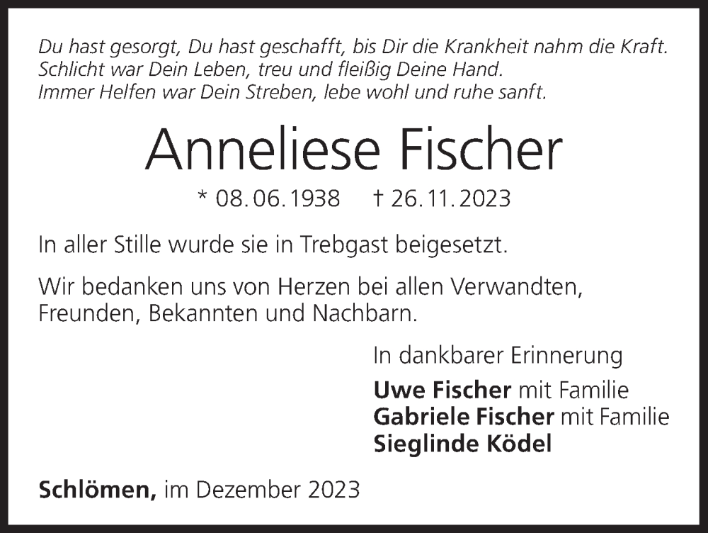  Traueranzeige für Anneliese Fischer vom 19.12.2023 aus MGO