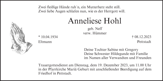 Anzeige von Anneliese Hohl von MGO