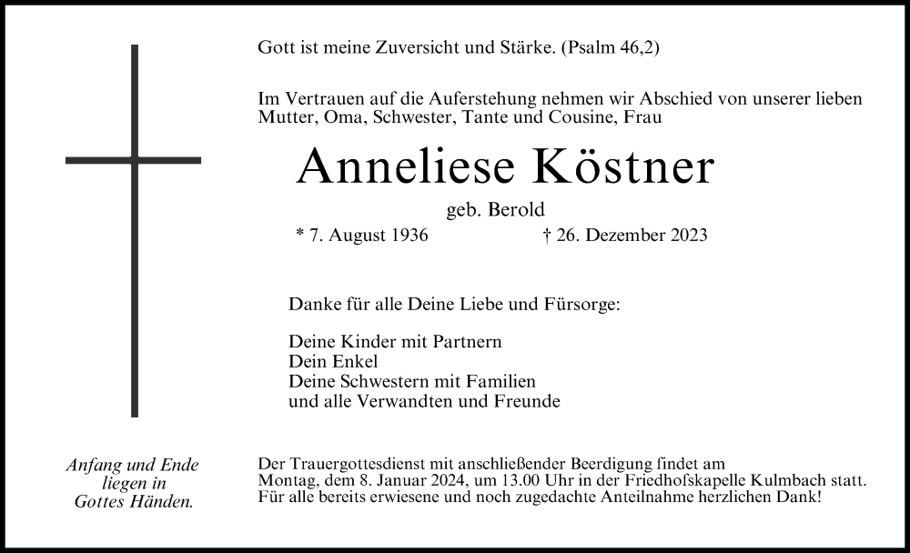  Traueranzeige für Anneliese Köstner vom 30.12.2023 aus MGO