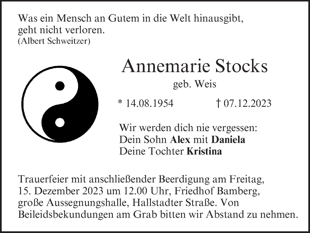  Traueranzeige für Annemarie Stocks vom 09.12.2023 aus MGO