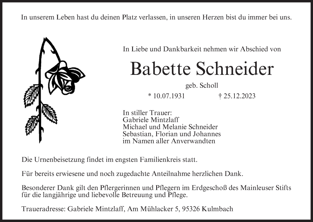  Traueranzeige für Babette Schneider vom 30.12.2023 aus MGO