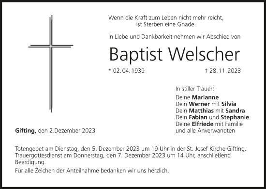 Anzeige von Baptist Welscher von MGO