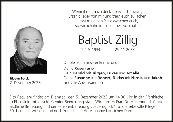 Anzeige von Baptist Zillig von MGO