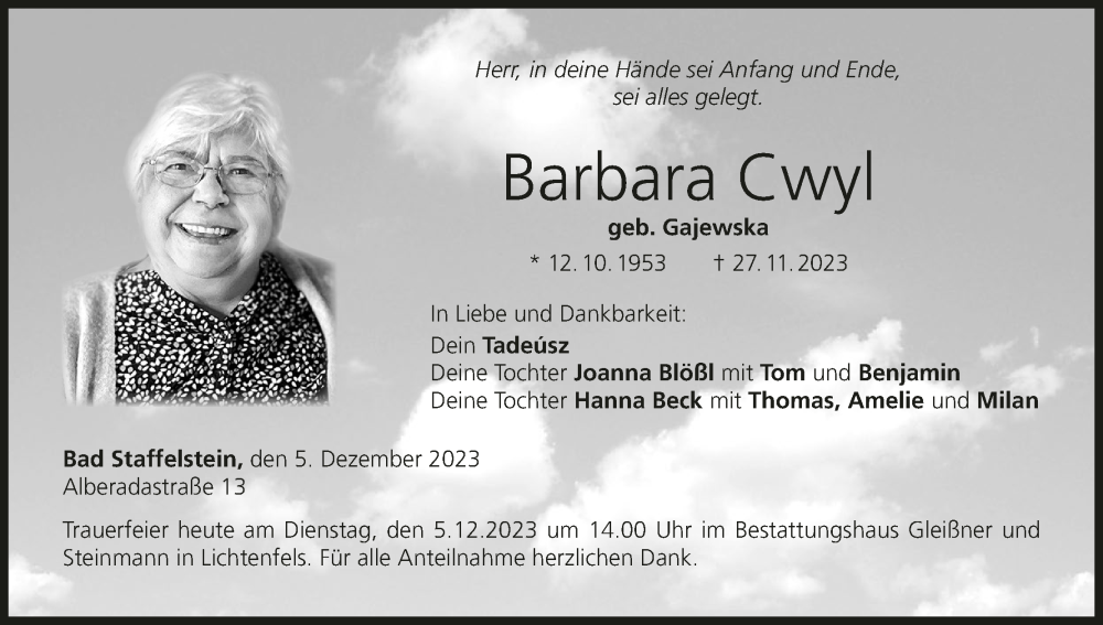  Traueranzeige für Barbara Cwyl vom 05.12.2023 aus MGO