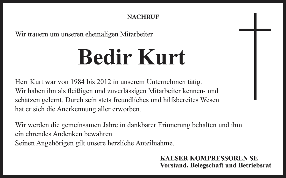  Traueranzeige für Bedir Kurt vom 08.12.2023 aus MGO