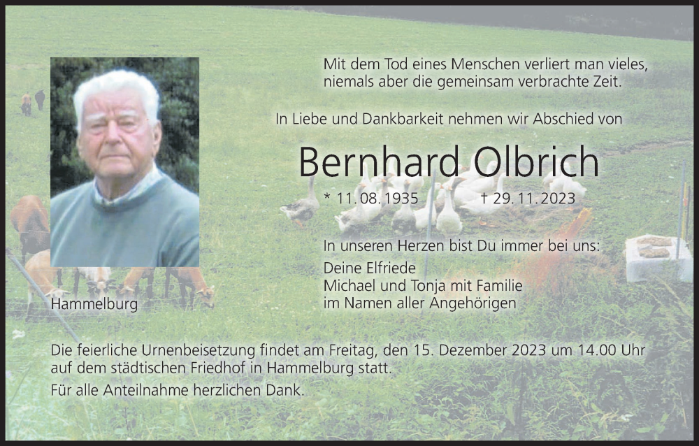  Traueranzeige für Bernhard Olbrich vom 09.12.2023 aus MGO