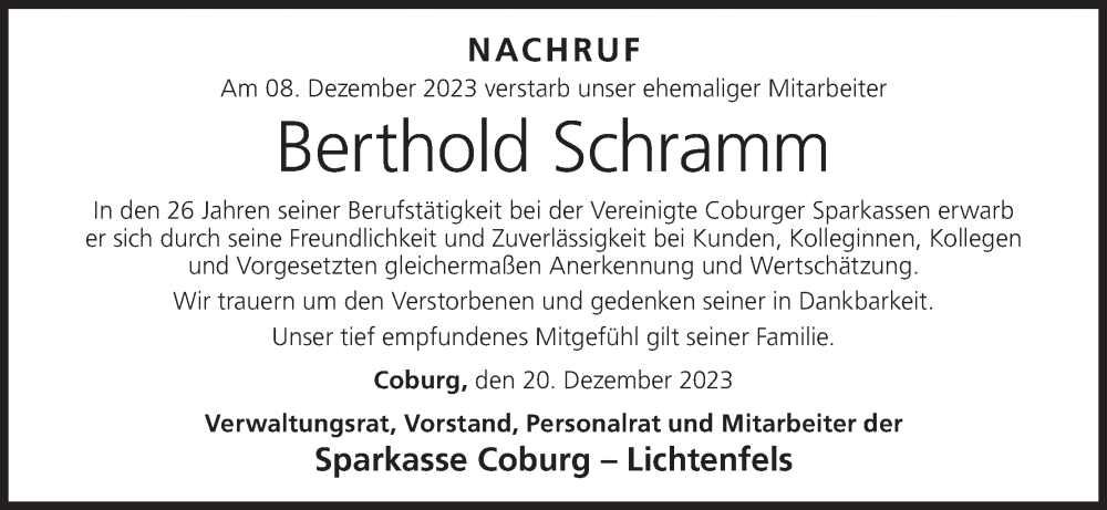  Traueranzeige für Berthold Schramm vom 20.12.2023 aus MGO