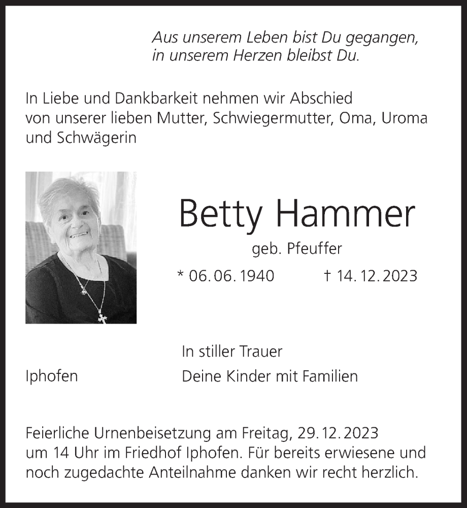  Traueranzeige für Betty Hammer vom 27.12.2023 aus MGO
