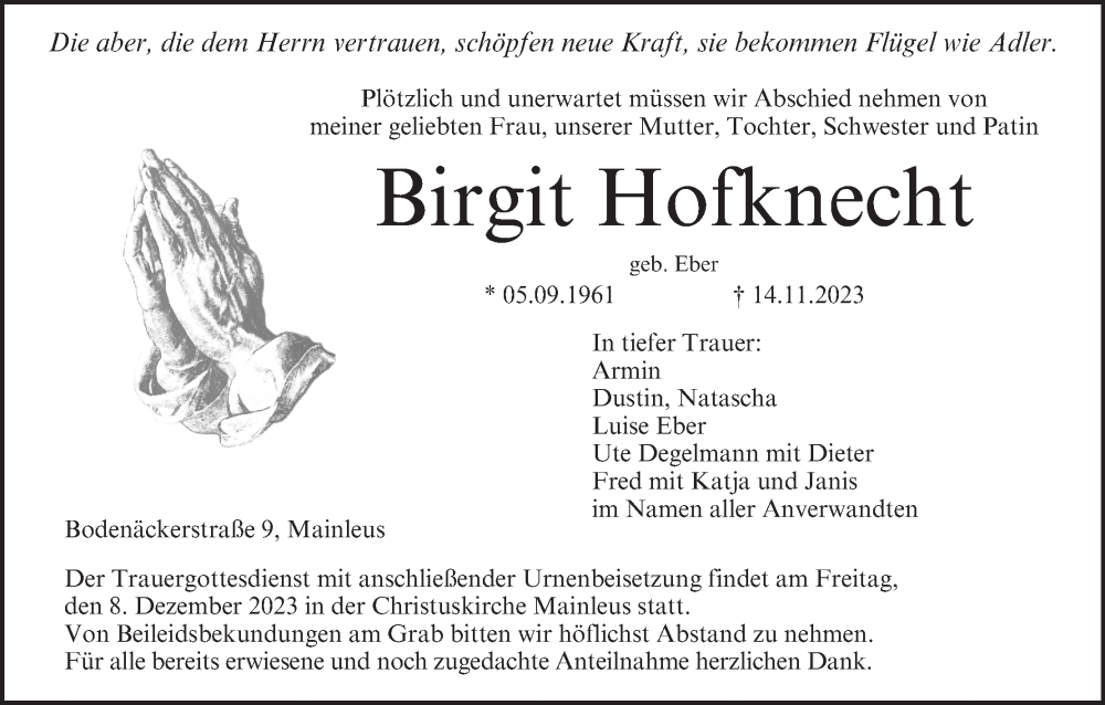  Traueranzeige für Birgit Hofknecht vom 05.12.2023 aus MGO