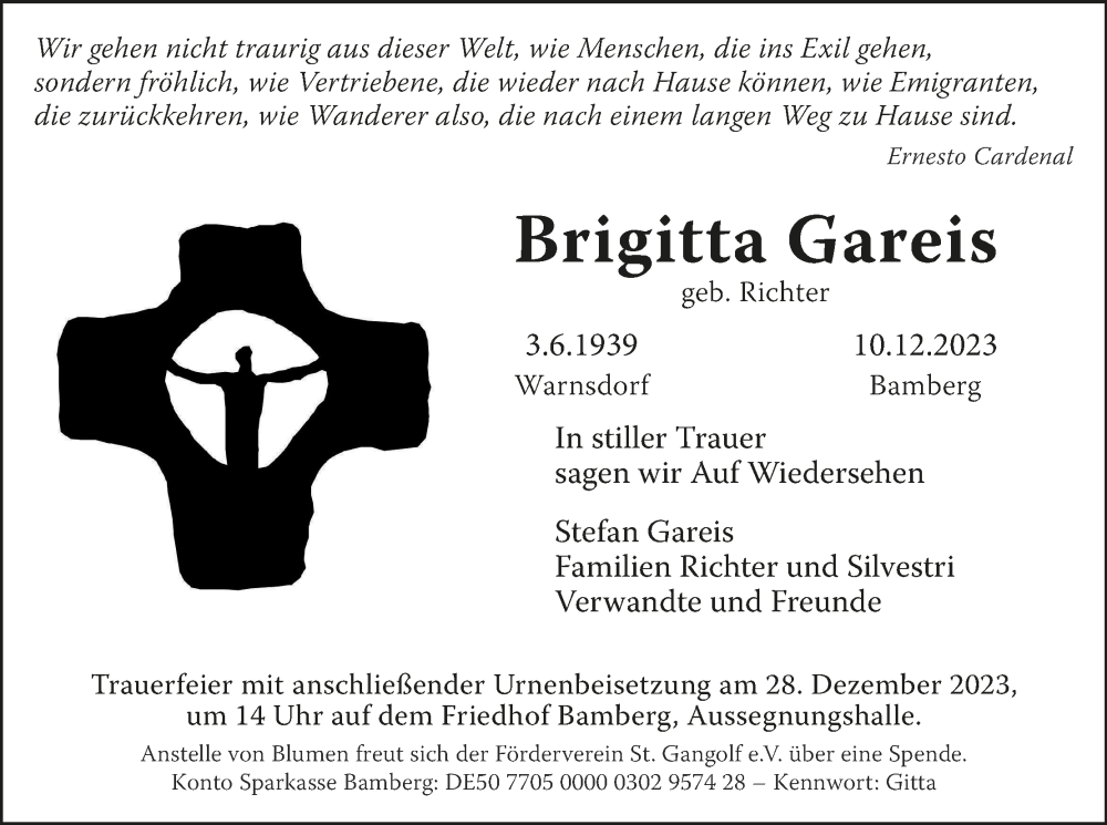  Traueranzeige für Brigitta Gareis vom 23.12.2023 aus MGO