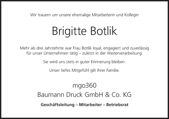 Anzeige von Brigitte Botlik von MGO