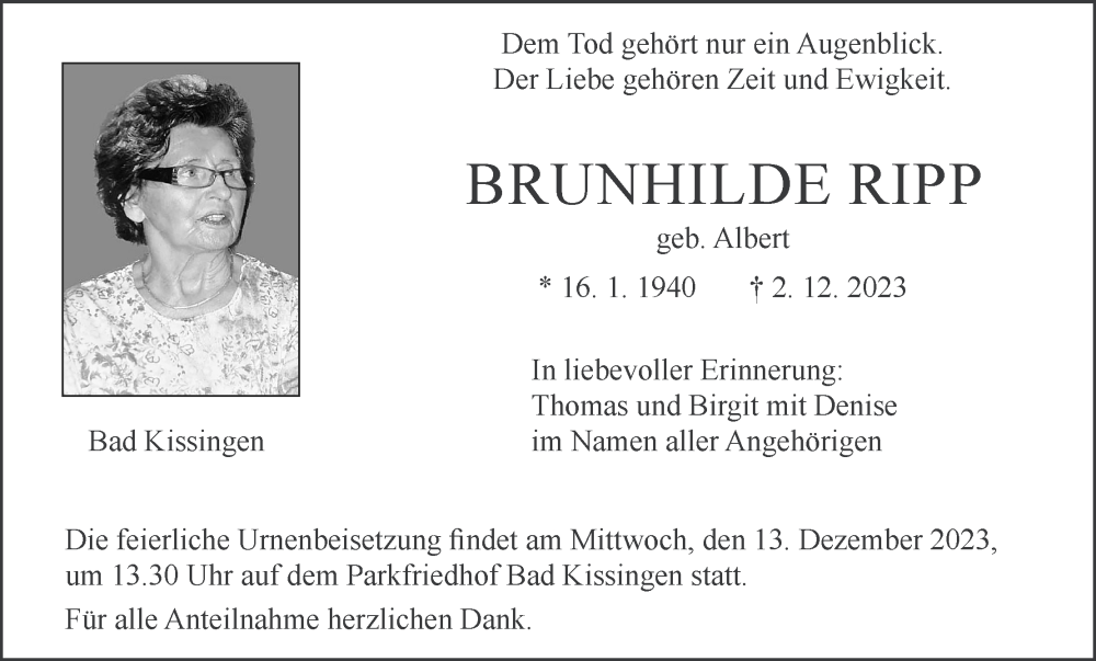  Traueranzeige für Brunhilde Ripp vom 09.12.2023 aus MGO