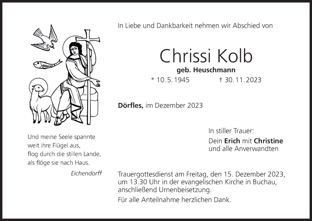  Traueranzeige für Chrissi Kolb vom 09.12.2023 aus MGO