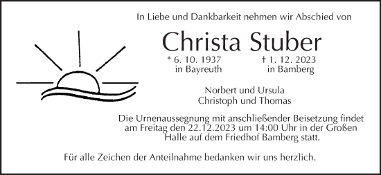 Anzeige von Christa Stuber von MGO