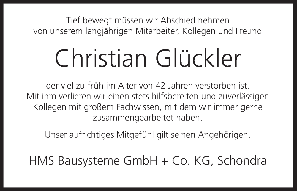 Traueranzeige für Christian Glückler vom 30.12.2023 aus MGO