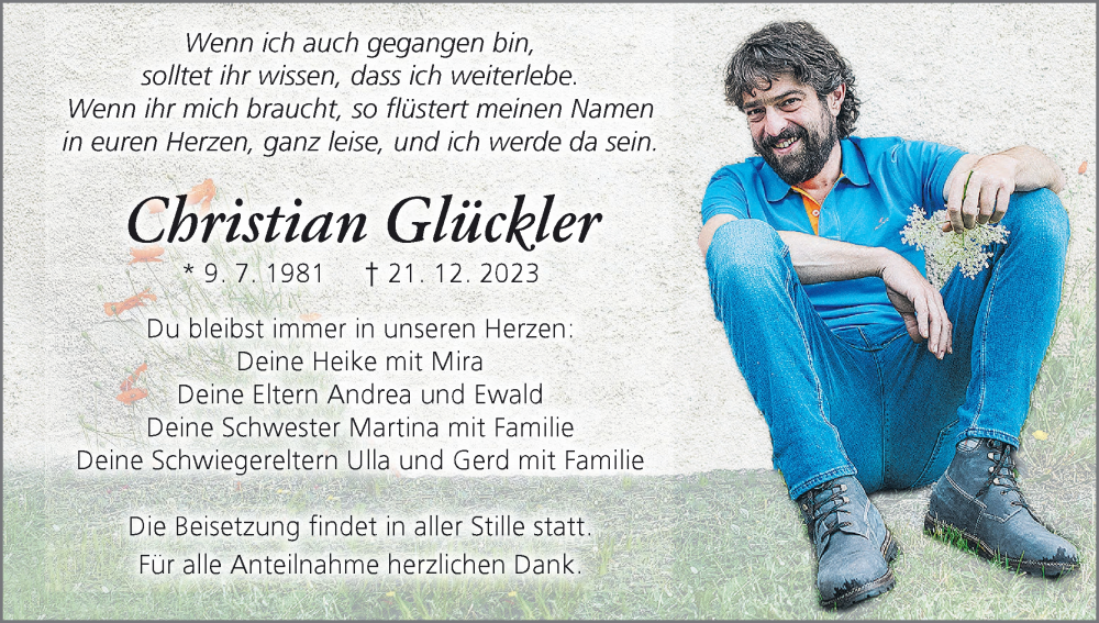  Traueranzeige für Christian Glückler vom 30.12.2023 aus MGO