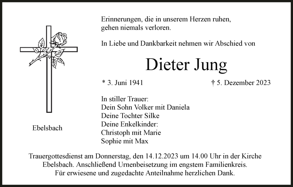  Traueranzeige für Dieter Jung vom 11.12.2023 aus MGO