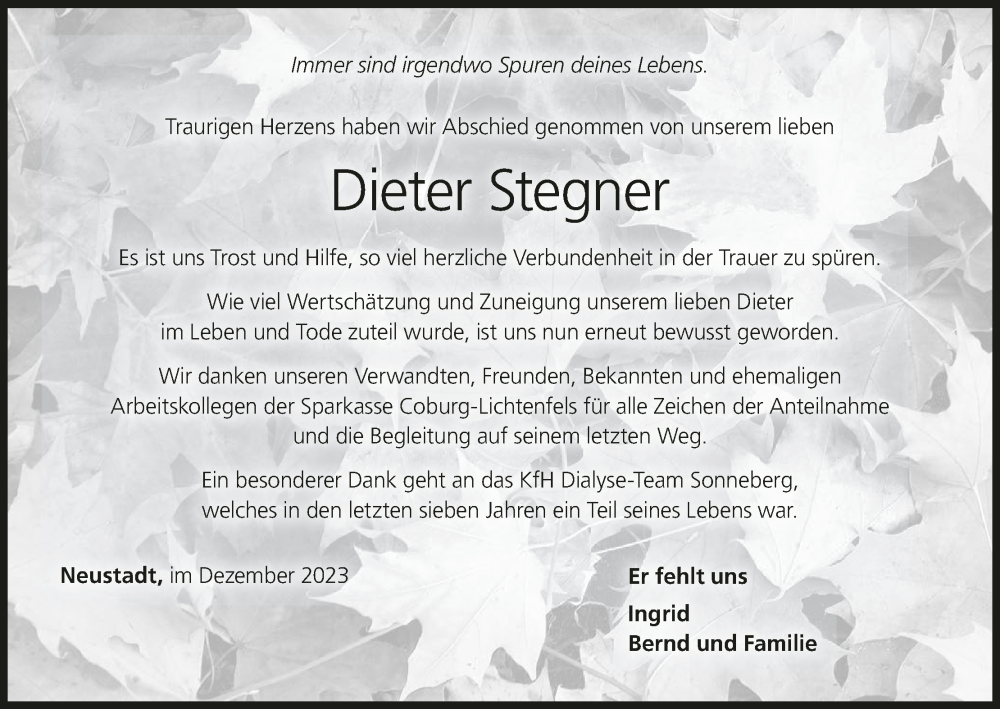  Traueranzeige für Dieter Stegner vom 16.12.2023 aus MGO