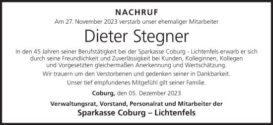 Anzeige von Dieter Stegner von MGO