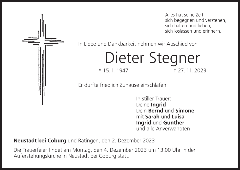  Traueranzeige für Dieter Stegner vom 02.12.2023 aus MGO