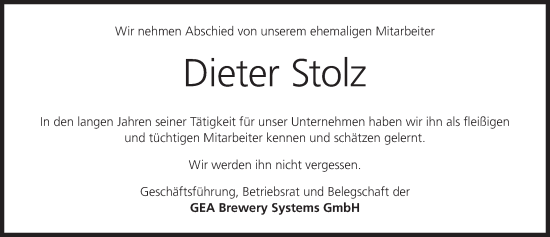 Anzeige von Dieter Stolz von MGO