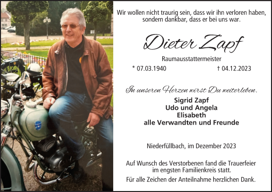 Anzeige von Dieter Zapf von MGO