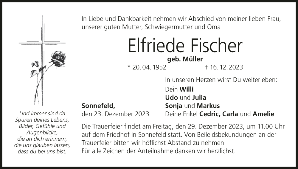  Traueranzeige für Elfriede Fischer vom 23.12.2023 aus MGO