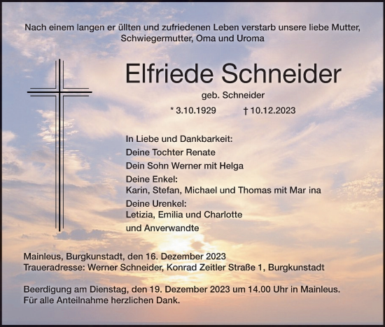 Anzeige von Elfriede Schneider von MGO