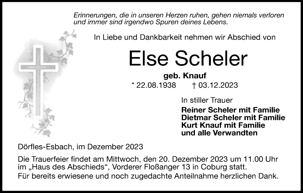  Traueranzeige für Else Scheler vom 16.12.2023 aus MGO