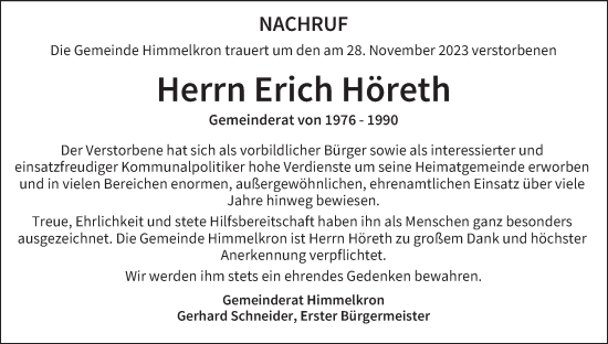 Anzeige von Erich Höreth von MGO