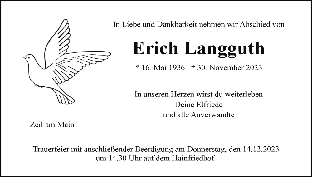  Traueranzeige für Erich Langguth vom 12.12.2023 aus MGO