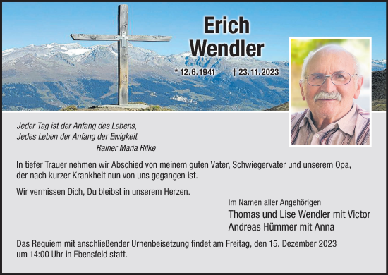 Anzeige von Erich Wendler von MGO