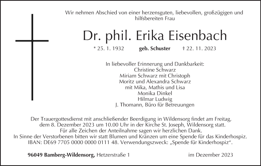  Traueranzeige für Erika Eisenbach vom 02.12.2023 aus MGO