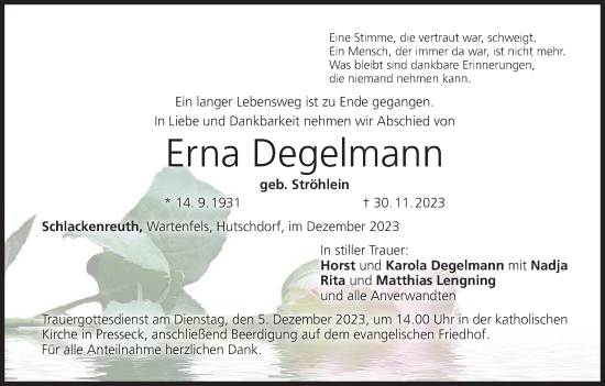 Anzeige von Erna Degelmann von MGO