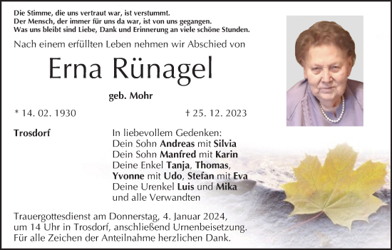 Anzeige von Erna Rünagel von MGO