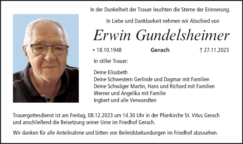  Traueranzeige für Erwin Gundelsheimer vom 02.12.2023 aus MGO