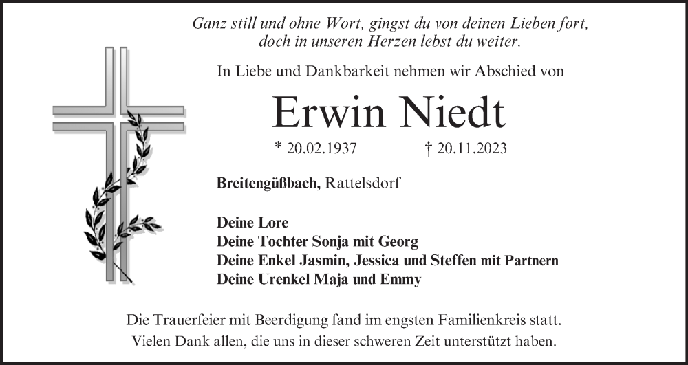  Traueranzeige für Erwin Niedt vom 02.12.2023 aus MGO