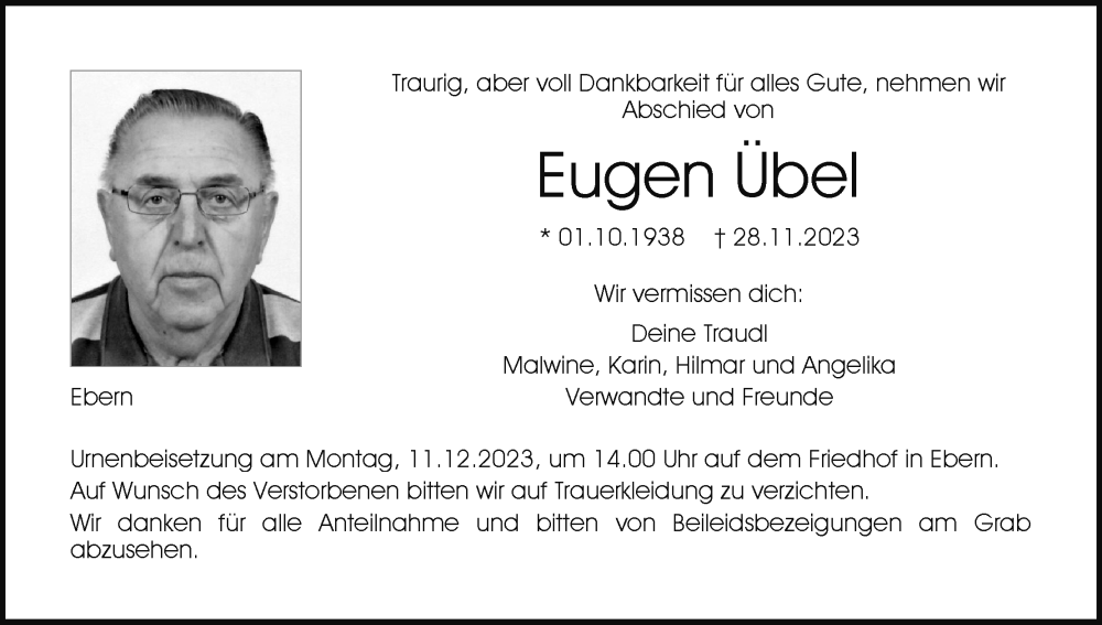  Traueranzeige für Eugen Übel vom 06.12.2023 aus MGO
