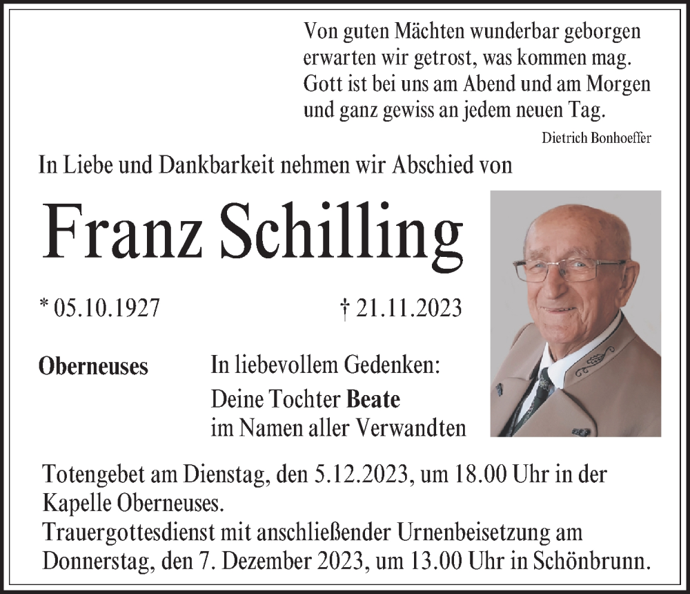  Traueranzeige für Franz Schilling vom 02.12.2023 aus MGO