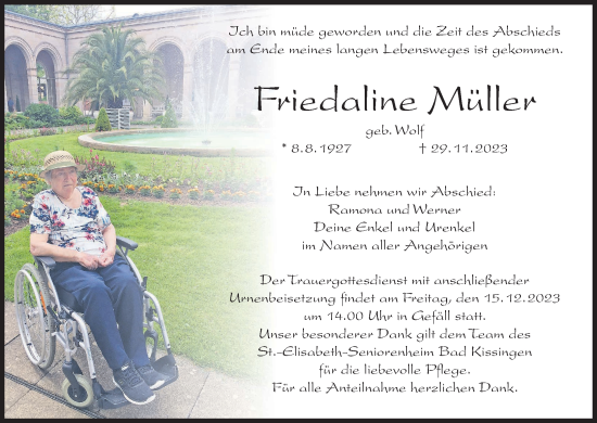 Anzeige von Friedaline Müller von MGO