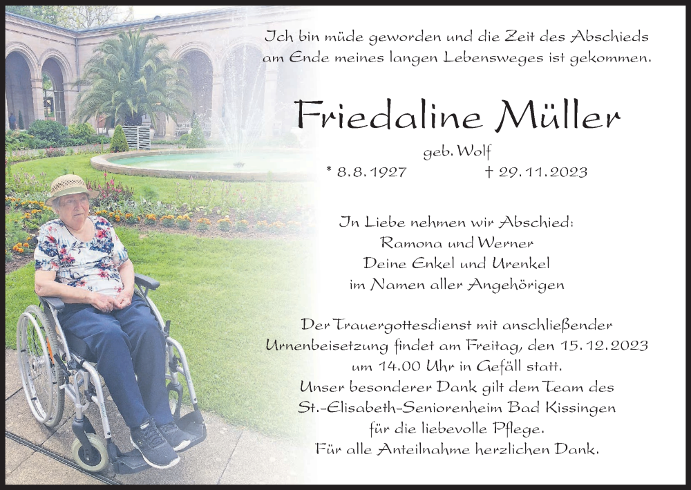  Traueranzeige für Friedaline Müller vom 09.12.2023 aus MGO