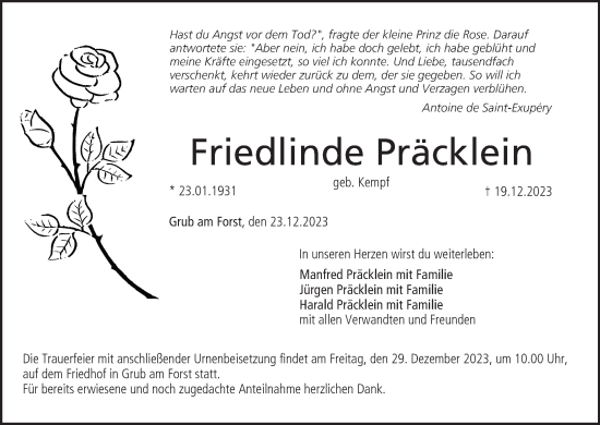 Anzeige von Friedlinde Präcklein von MGO