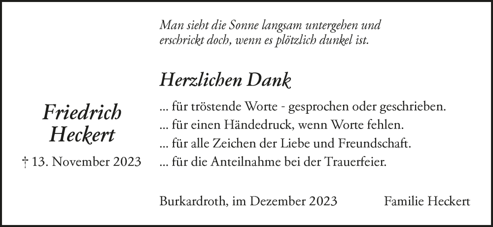  Traueranzeige für Friedrich Heckert vom 09.12.2023 aus MGO