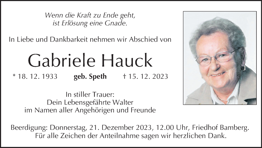  Traueranzeige für Gabriele Hauck vom 19.12.2023 aus MGO
