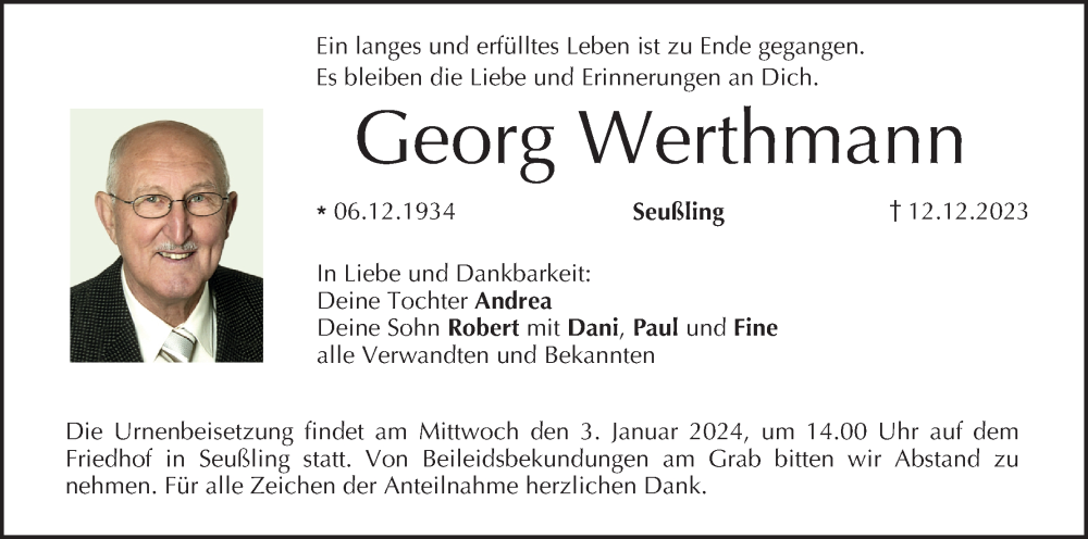  Traueranzeige für Georg Werthmann vom 30.12.2023 aus MGO