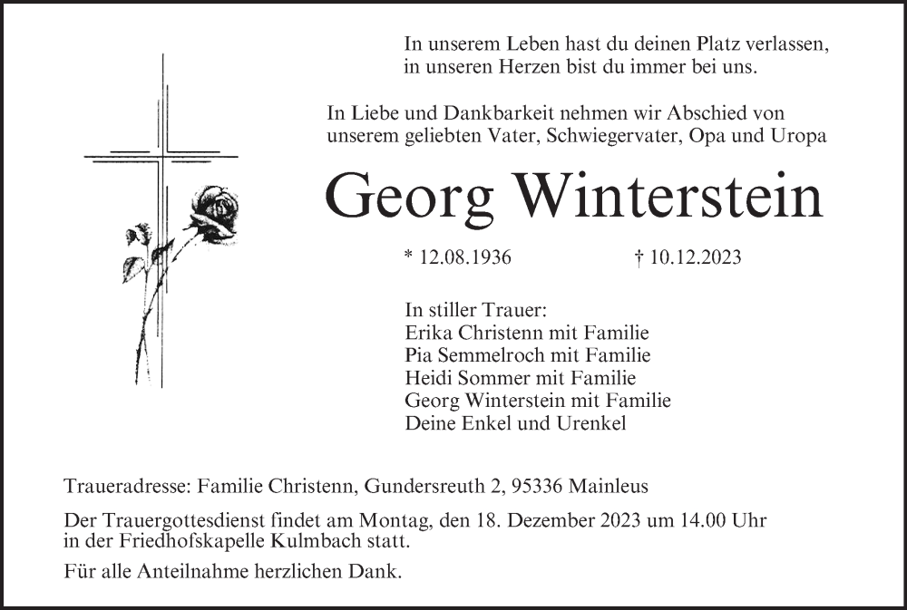  Traueranzeige für Georg Winterstein vom 15.12.2023 aus MGO