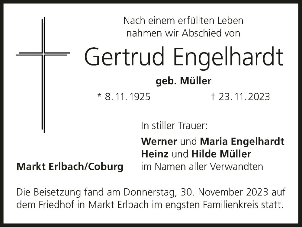 Traueranzeige für Gertrud Engelhardt vom 01.12.2023 aus MGO